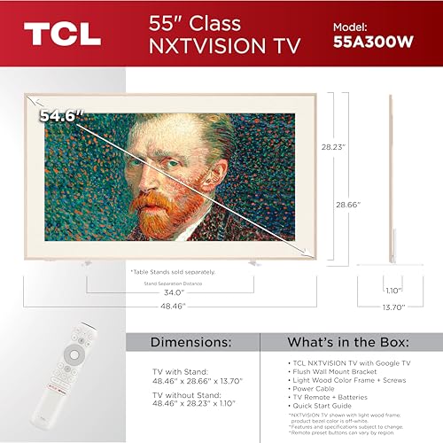 TCL 65-Inch Class NXTVISION Series QLED 4K UHD Google Smart TV Canvas Style Art Frame TV - QLED, 120hz, Matte Anti-Glare Screen, Free Bezel and Frame