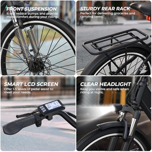 Electric Bike for Adults, 1000W Peak EBike, 50 Miles 21.7MPH Adult Electric Bicycles with 48V Built-in Removable Battery, Adjustable Stem, Rear Rack