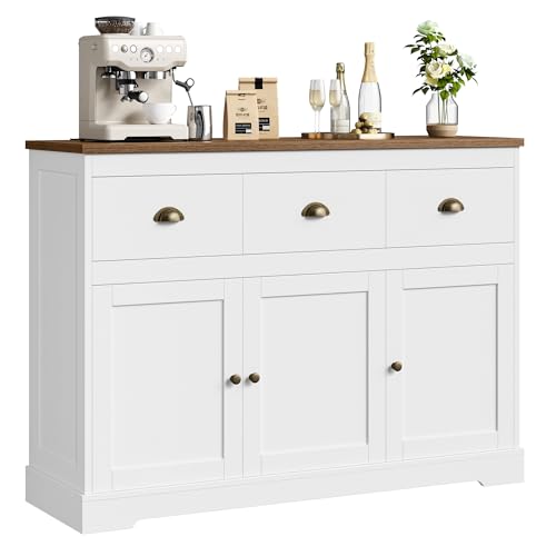 Keyluv White Buffet Cabinet Storage Sideboard Farmhouse Server Bar Wine Cabinet with 3 Drawers & 3 Doors Adjustable Shelves Console Table for Dining