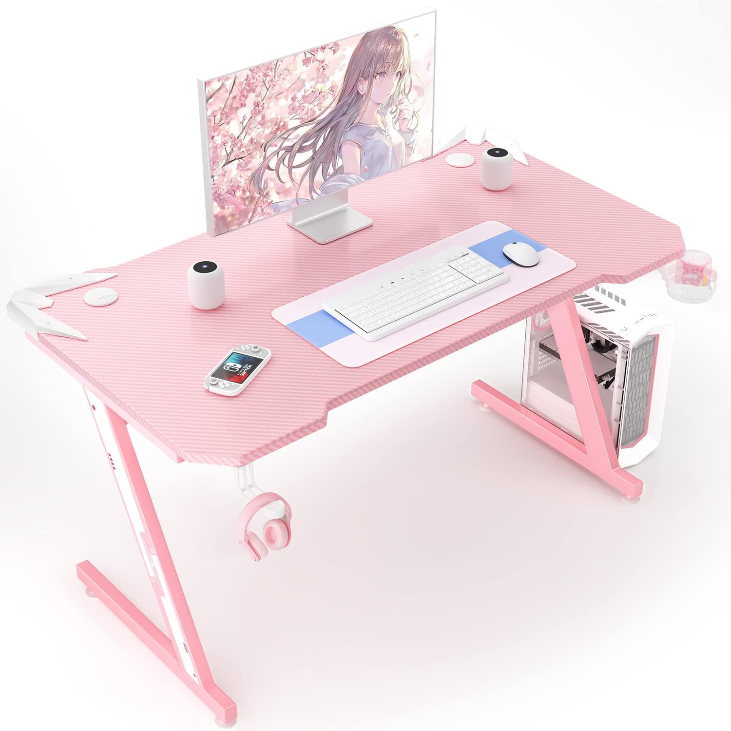 Homall Gaming Desk 44 Inch Computer Desk Gaming Table Z Shaped Pc Gaming Workstation Home Office Desk with Carbon Fiber Surface Cup Holder and