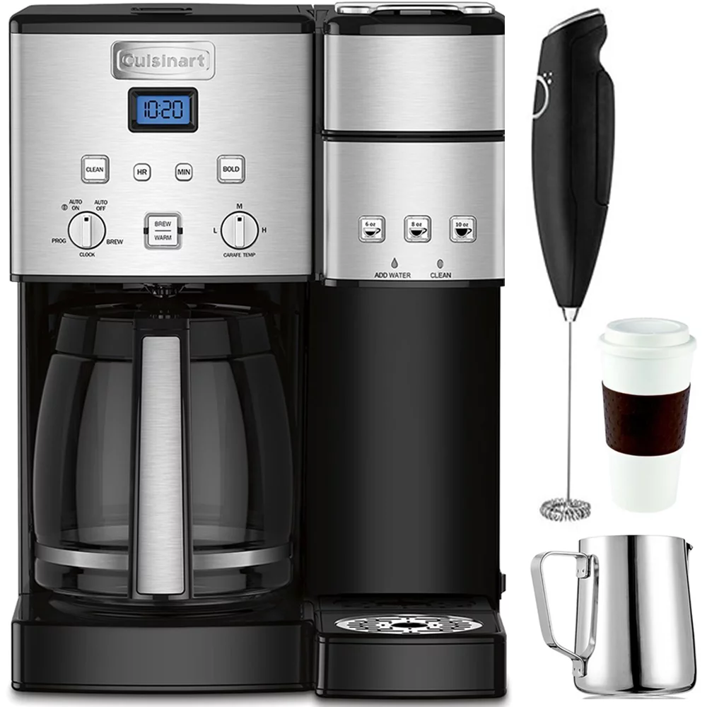 Cuisinart 12-Cup Coffee Maker and Single-Serve Brewer Stainless Steel (SS-15) with Milk Frother - Handheld Electric Foam Maker For Coffee