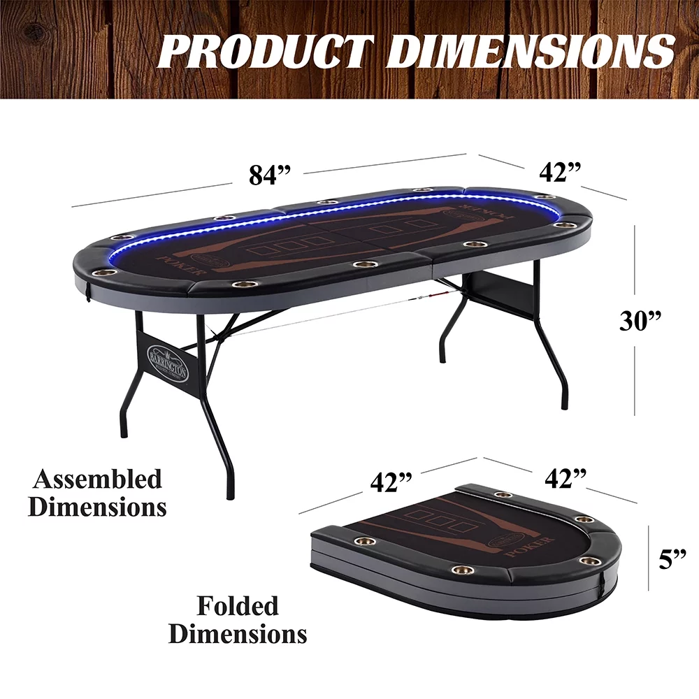 Barrington 10-Player Poker Table with In-laid LED Lights, Brown and Black