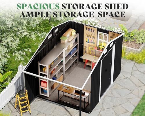 Jocisland 10.6x10.3x6.3 FT Outdoor Storage Shed with Sliding Doors & Two 4-Pane Windows, Open Outdoor Shed for Wood Storage, Dark Grey/White