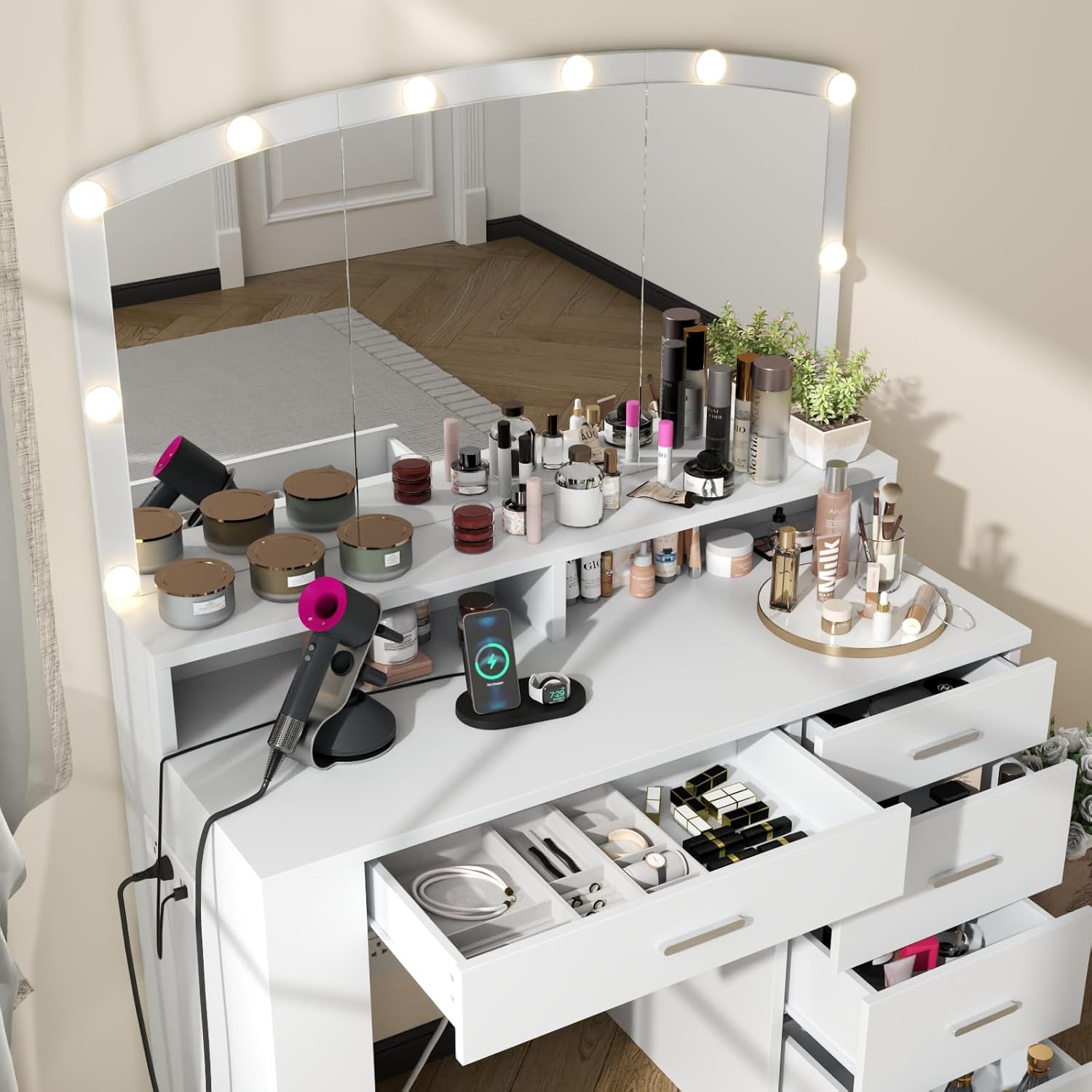 Vanity Desk with Large Mirror,Vanity Dresser with 10 Lights in 3 Lighting Colors,Makeup Vanity with 5 drawers and Power Outlet