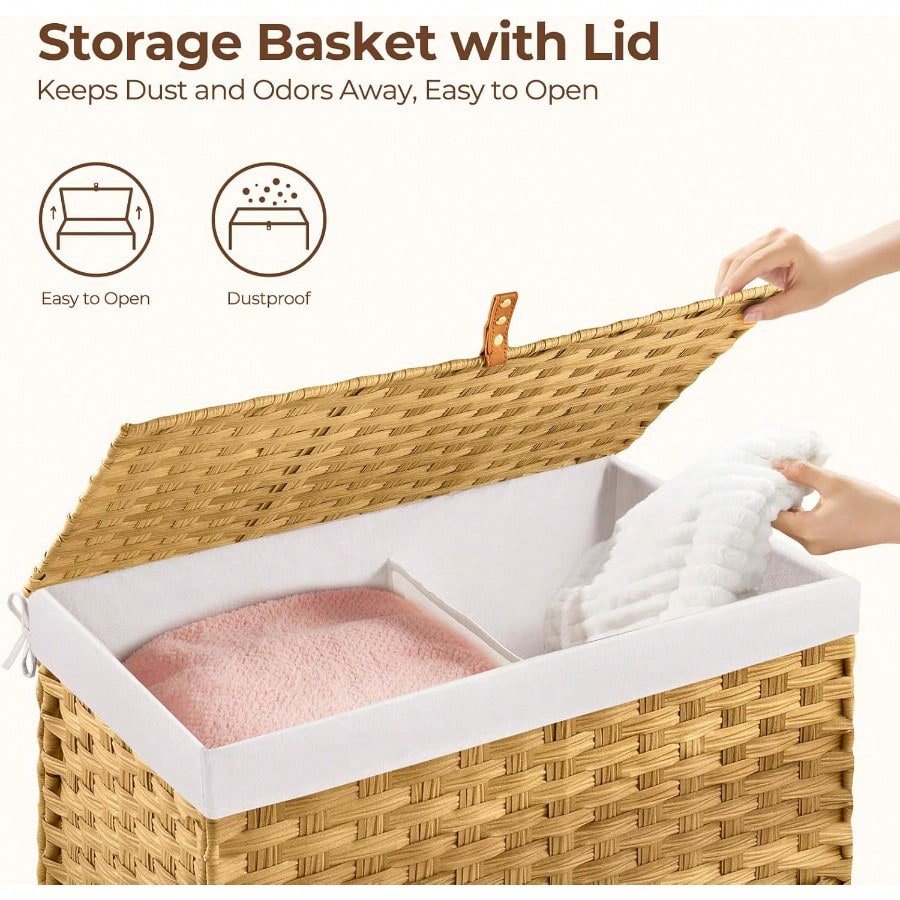 GREENSTELL Storage Basket with Lid 42.3 Gallon 160L Lagre Wicker Blanket Storage Basket with Handles Foldable 2 Removable Liner Bags Metal Frame for