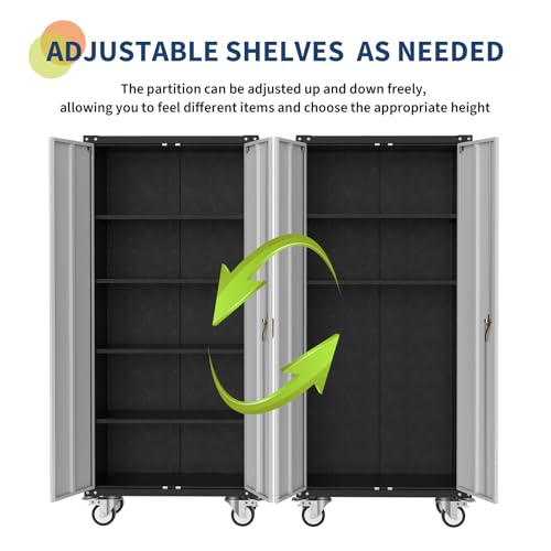 GarveeHome Metal Storage Cabinet 72" H with Wheels, Steel Tool Cabinet with Lock and 4 Adjustable Shelves and Lockable Rolling