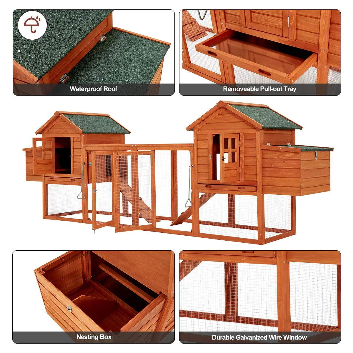 YODOLLA 144” Large Wooden Chicken Coop, Outdoor Hens House with Ramps and Nesting Boxes,Brown - Curated Treasures Market