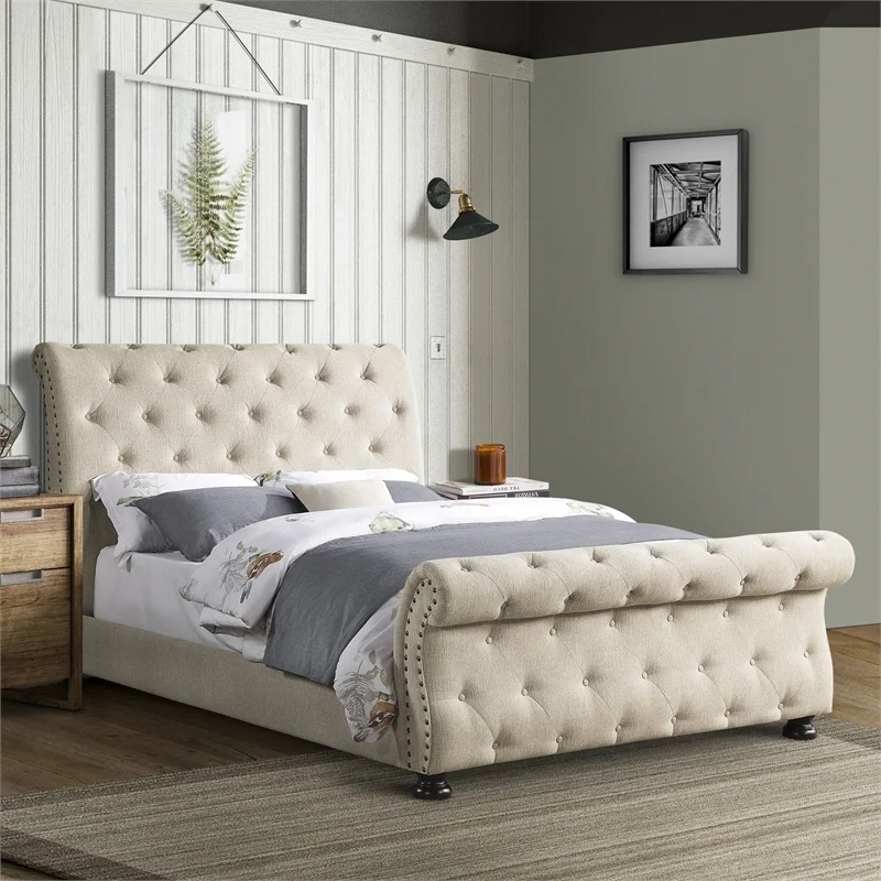 Lexicon Crofton Classic Wood Tufted Sleigh Bed, California King, Beige