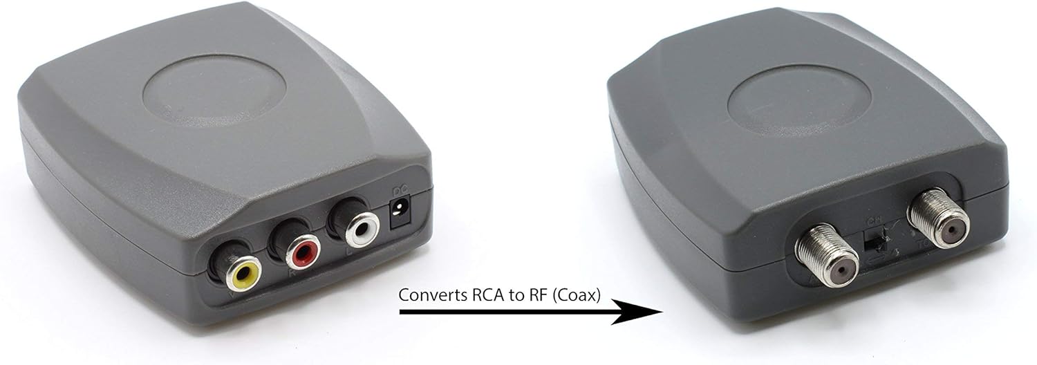 RF Modulator - RCA Composite to RF Coaxial - Converts Standard Definition Signals to Coax, Includes AV Cable Pack of 2