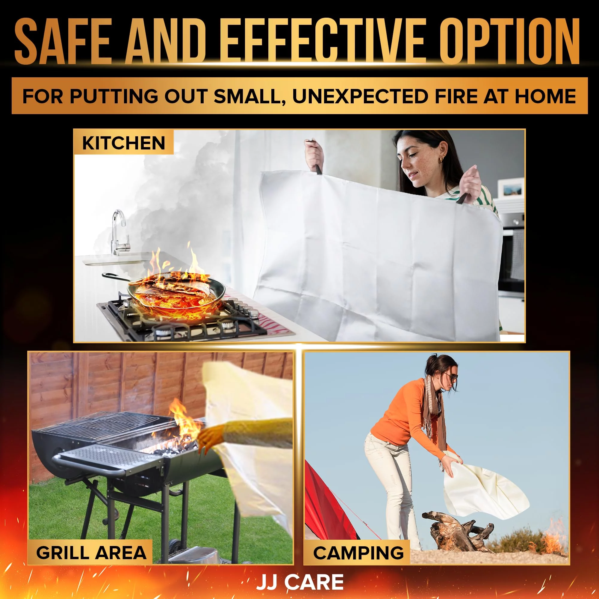 JJ CARE Fire Blanket – 4 Packs with Hooks – Emergency Fire Blanket for Home & Kitchen, High Heat Resistant Fire Suppression Blankets for Home Safety