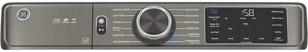 GE GFD65GSPNSN 28" Front Load Gas Dryer with 7.8 cu. ft. Capacity Powersteam Built-in WiFi Sanitize Cycle and Vent Sensor in Satin Nickel