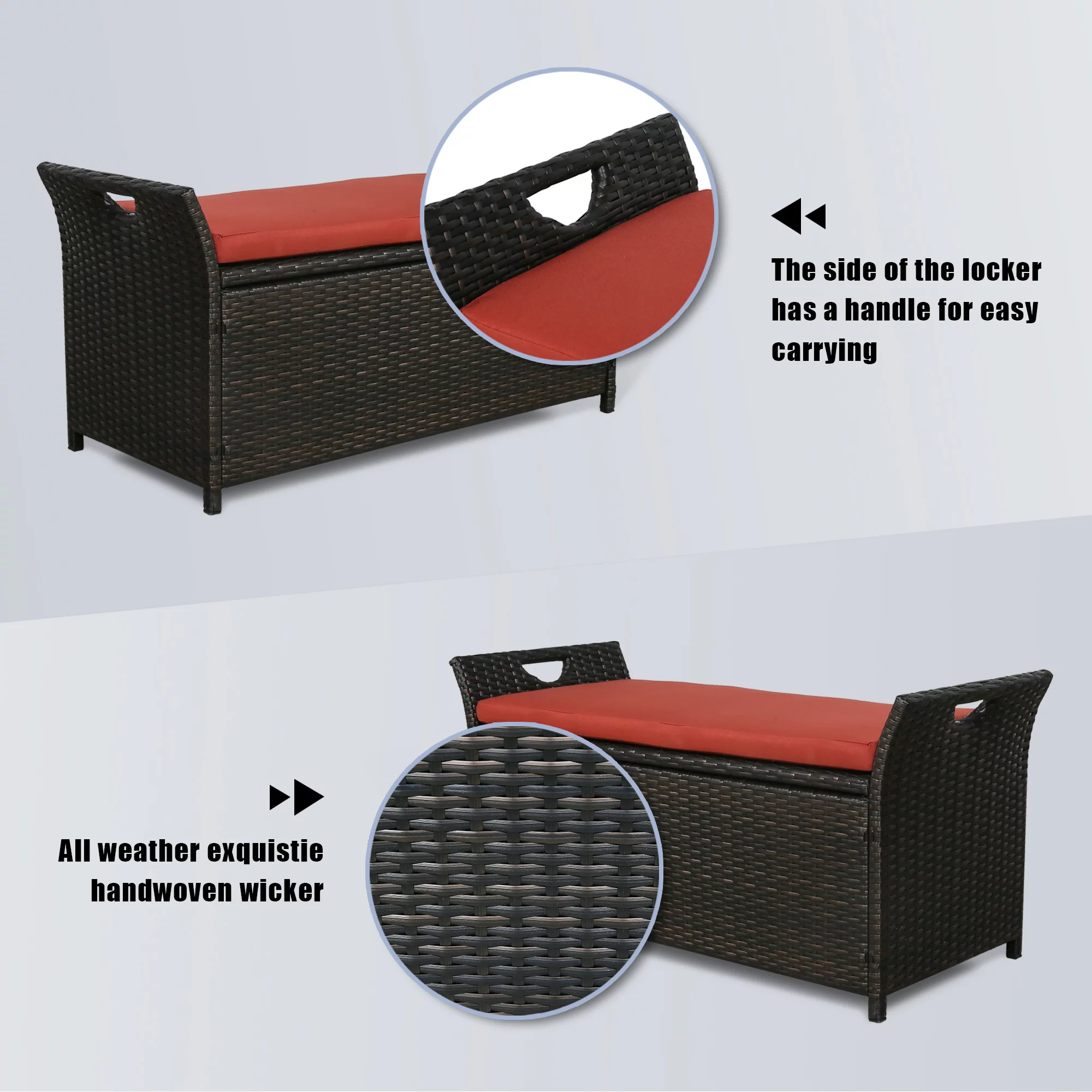 Ulax Furniture 27.6 Gallon Patio Wicker Storage Box, Outdoor Rattan Storage Bench Deck Bin with Cushion and Hydraulic Hinge Lid (Rust Red)