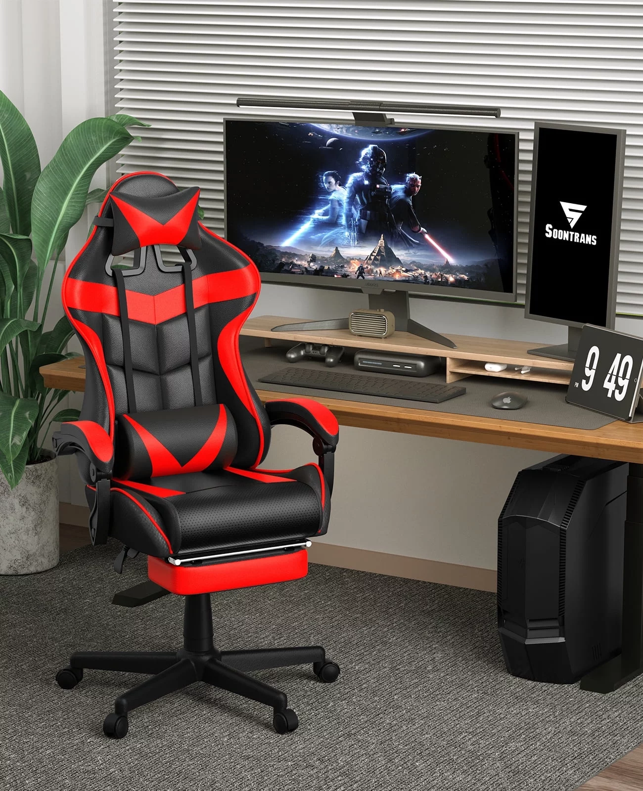 Soontrans Gaming Office Chair with Footrest, Ergonomic Leather Massage Game Chair with Lumbar Support & Headrest, Red