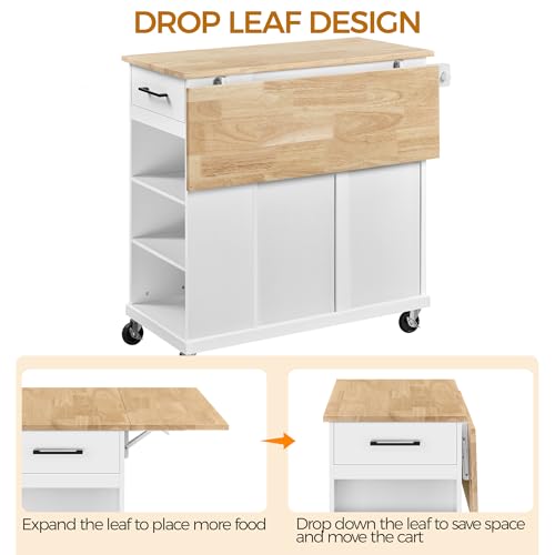 Yaheetech Rolling Kitchen Island Cart with Drop Leaf, Portable Rubberwood Breakfast Bar with Storage Cabinet, Open Shelves & Detachable Towel