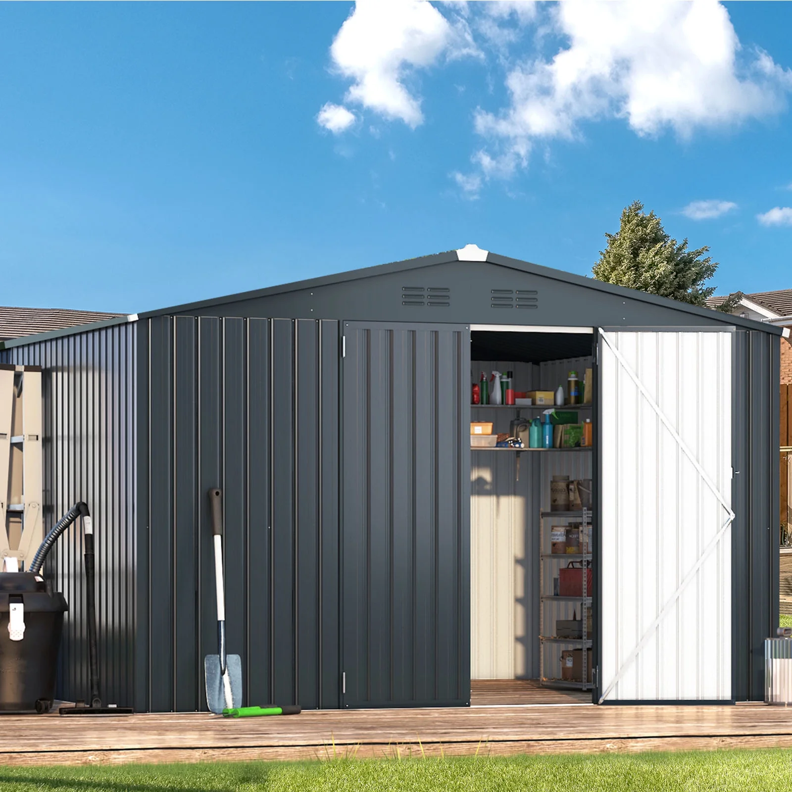 AECOJOY 10' x 12' Outdoor Metal Storage Shed with Lockable Door for Backyard in Gray
