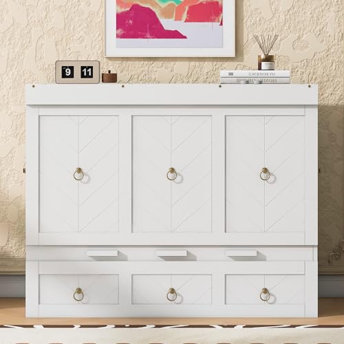 Harper & Bright Designs Full Size Murphy Bed Wall Bed, Solid Pine Murphy Bed Chest Cube Cabinet Bed with USB