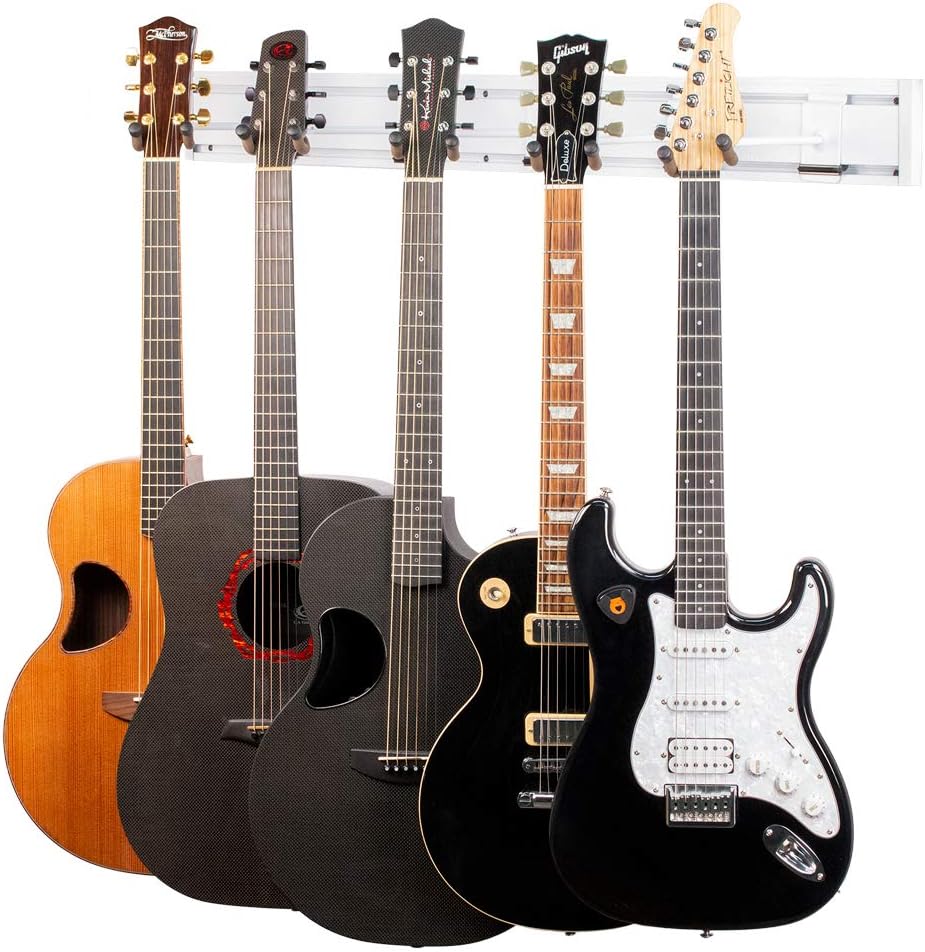 String Swing Guitar Wall Mount Rack Holds 5 Acoustic, Electric or Bass Guitars SW5RL-W-K