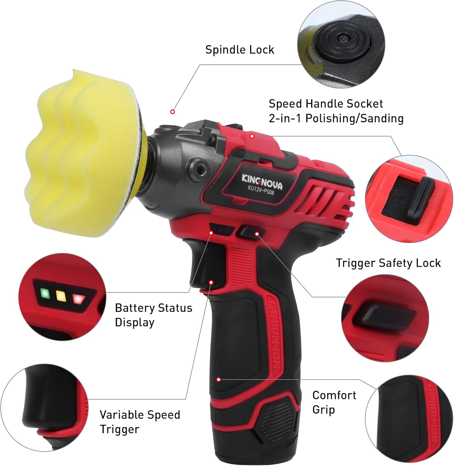 KINGNOVA 12V Cordless Buffer Polisher for Car Detailing Variable Speed 2 in 1 Polisher & Sander 2.0Ah Battery & Fast Charger 0-2800/8300 RPM Buffer