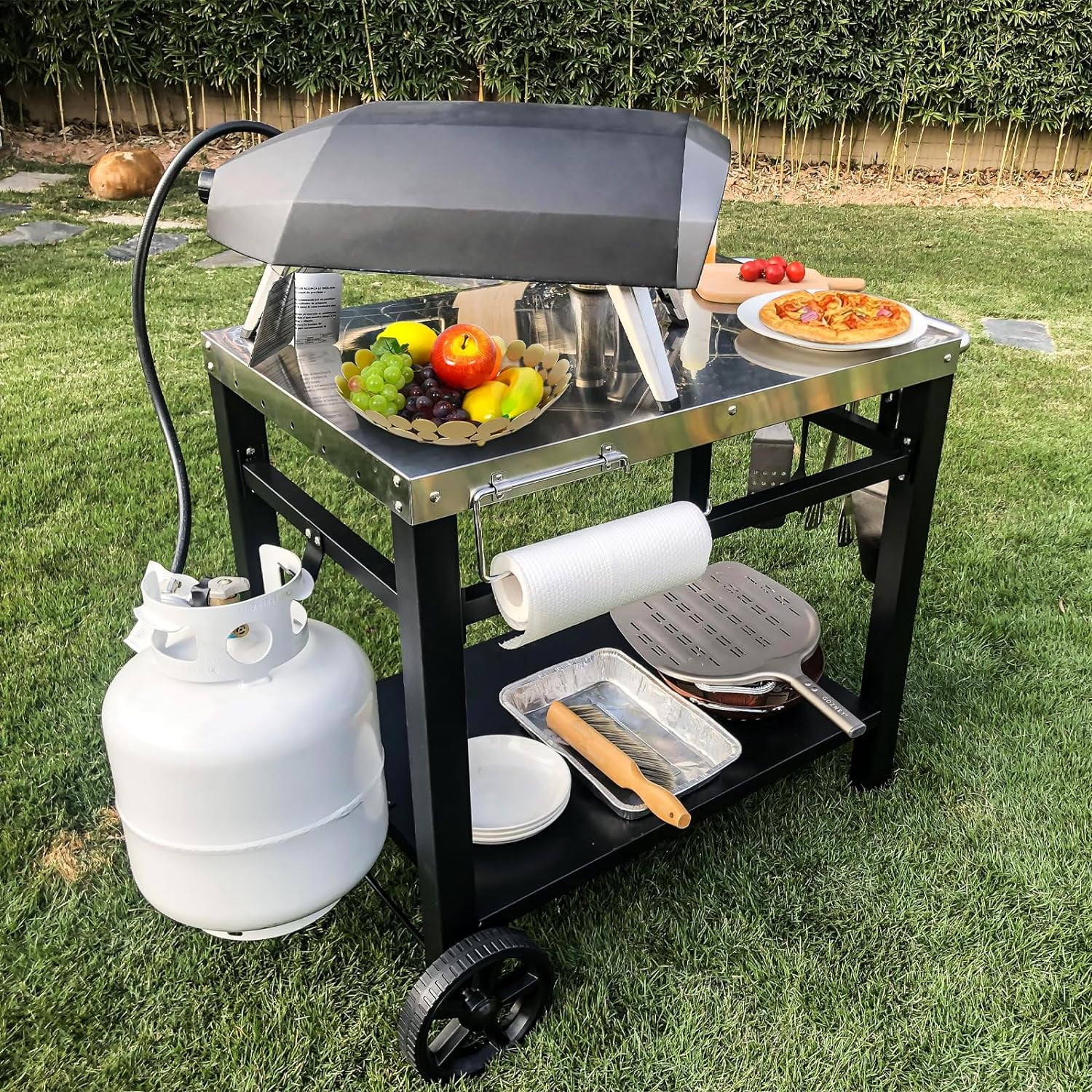 GRILL FORCE Outdoor Grill Cart Table,Movable Dining Cart Table, Pizza Oven Table Stand,Food Prep and Work Table Cart,BBQ Grill Carts with Wheels