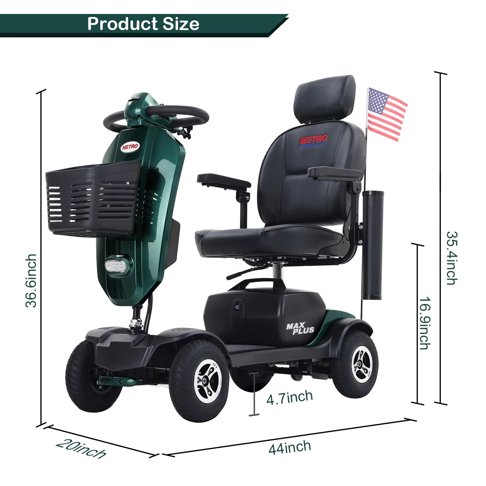 4 Wheels Mobility Scooter for Seniors Adults,LED Lights USB Port Long Range,Emerald