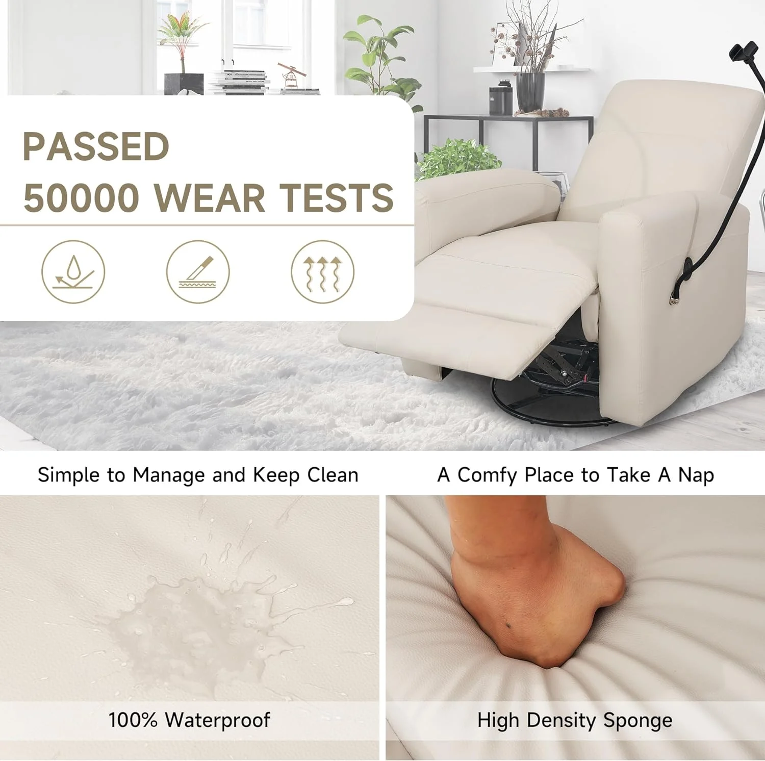 Alwalue Swivel Rocking Chair Power Recliner Chair with USB Port Side Pocket and Phone Holder Rocker Glider for Nursery Living Room - Creamy White