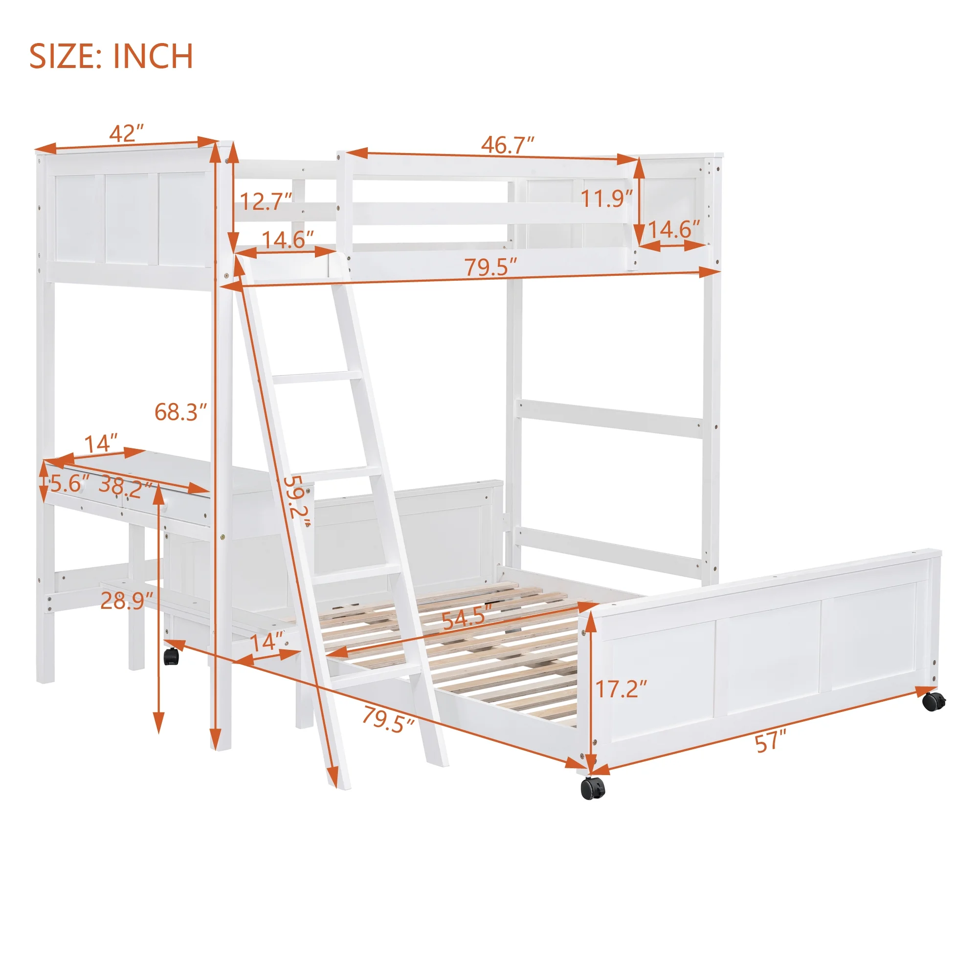 Bellemave Twin Over Full Bunk Bed with Desk and Storage Drawers, Solid Wood L-Shaped Loft Bunk Bed Frame for Kids Teens Adults (White)