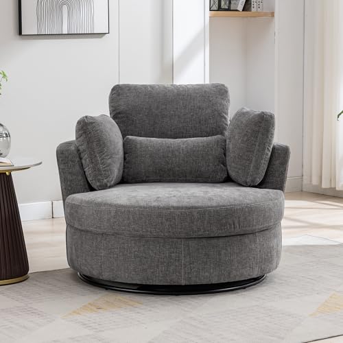 Aoiy & Wifon 42.2" W Oversized Swivel Barrel Chair with Ottoman, Upholstered Round Accent Chair with Storage Ottoman, Chenille, Beige