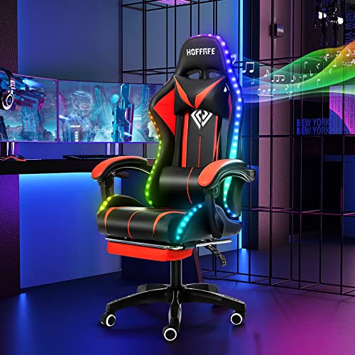HOFFREE RGB Gaming Chair with Speakers Massage Computer Gaming Chair with LED Lights and Footrest High Back Video Game Chair for Adults Blue and Black