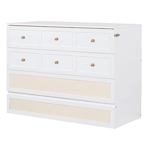 Ball & Cast Queen Size Solid Pine Murphy Bed Chest,Cabinet Hideaway Bed with Charging Station and Large Storage Drawer,Wood Wall Bed can be Folded