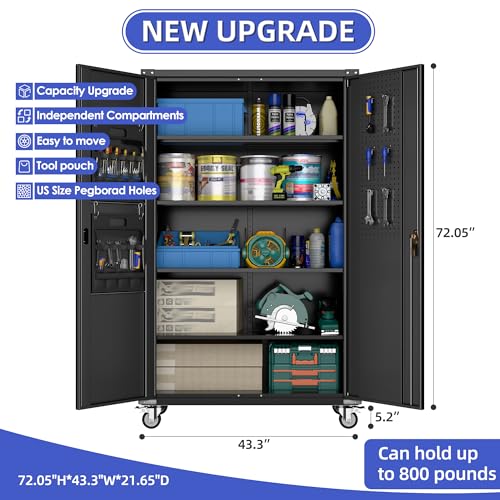 Metal Storage Cabinet with Wheels, 73" H Rolling Garage Cabinets with Locking Doors and Adjustable Shelves for Home Office, Basement, Pantry, Workshop