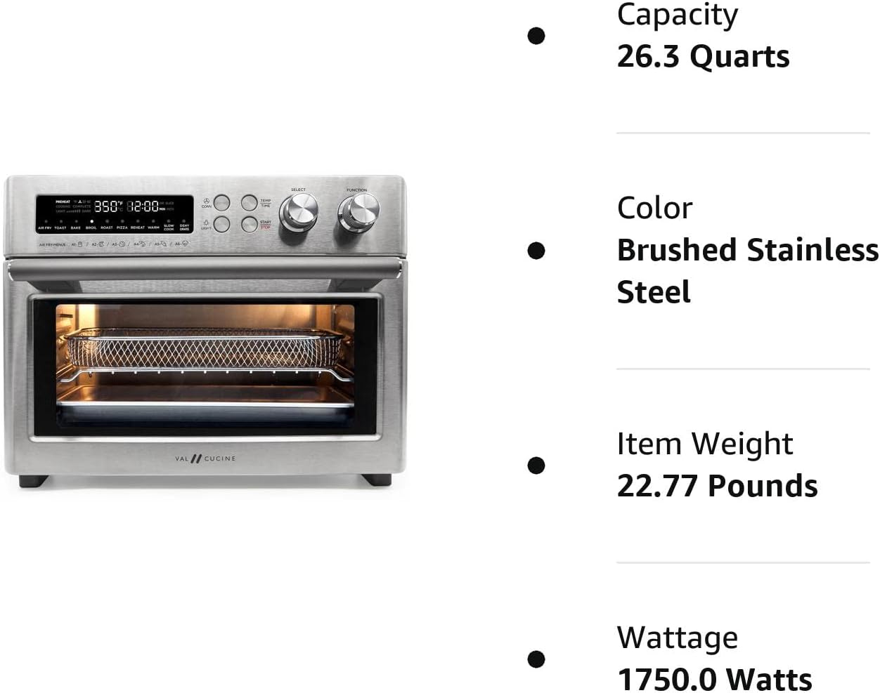 VAL CUCINE 10-in-1 Smart Air Fryer - Extra-Large Convection Countertop Toaster Oven - Brushed Stainless Steel Finish - 26.3 QT/25 L