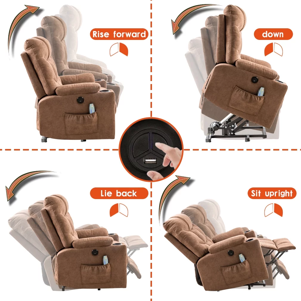 FDW Lift Chair Electric Recliner with Side Pocket and Cup Holders, USB Charge Port&Massage Remote Control for Elderly Massage Chair，Brown