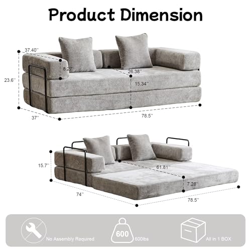 Convertible Floor Sofa Bed, Foldable Mattress Cloud Couch with Pillow Back & Armrest, Chenille Sleeper Sofa Bed with Fixed-Shape Frame