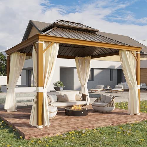 YOLENY 10' x 12' Hardtop Gazebo, Metal Gazebo with Aluminum Frame, Double Galvanized Steel Roof, Curtains and Netting Included