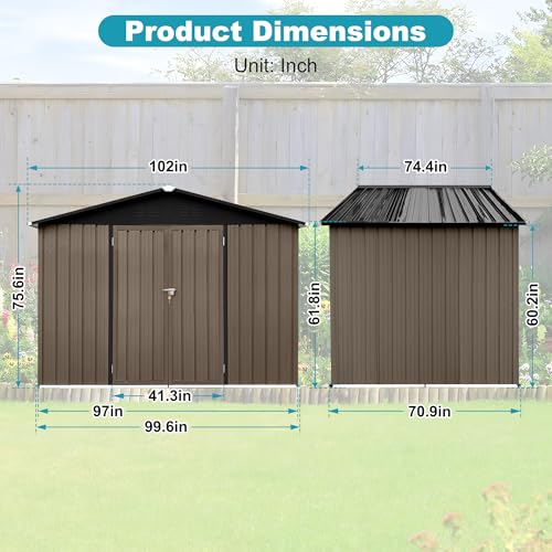 8x6 FT Outdoor Storage Shed, Metal Tool Shed with Lockable Doors, Peaked Roof & Frame Floor
