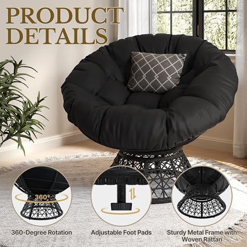 Yaheetech Indoor Papasan Chairs with Thick Tufted Cushions and Frame, Swivel Wicker Ergonomic Lounge Reading Chairs for Living Room/Bedroom, Black