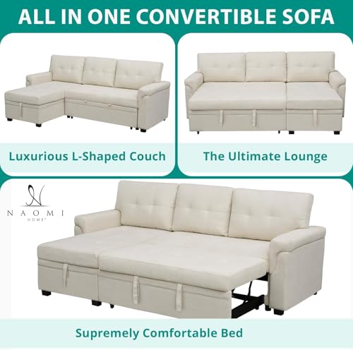 Naomi Home Jenny Sectional Sofa Sleeper with Storage Chaise, Tufted Pull Out Couch with Storage, L-Shaped Reversible Sleeper Sofa with Storage, Black