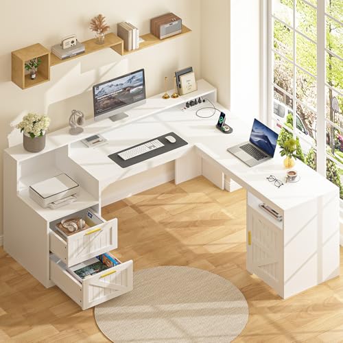 63" Farmhouse L Shaped Executive Desk with Drawers & Storage Shelf, Corner Computer Desk with Power Outlets, L Shaped Office Desk with Monitor Stand