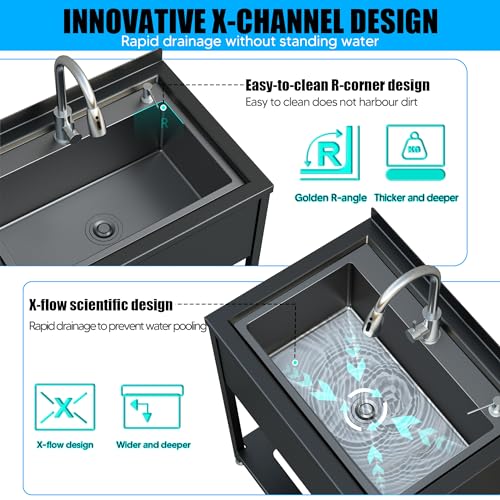 Stainless Steel Utility Sink, 30.8" × 22" × 39.5"Freestanding Sink with Cold and Hot Water Faucet,Hoses and Drain Kit for Kitchens, Bathrooms, Garage