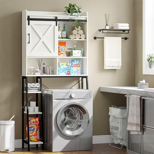Over The Toilet Storage Cabinet, Farmhouse Storage Cabinet Over Toilet with Sliding Door && Toilet Paper Holder Stand, Home Space-Saving Toilet Rack