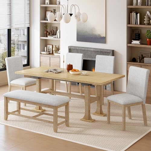 Farmhouse 6-Piece Extendable Dining Table Set, Trestle Kitchen Table Set with Removable Leaf and Upholstered Chair and Bench