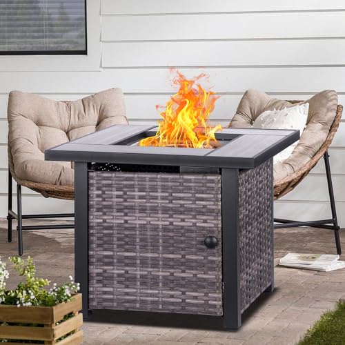 30" Propane Fire Pit with Real Ceramic Tabletop, 50000 BTU Gas Firepit Table with Lid & Glass Rock, Outdoor Fire Pit for Dining or Party