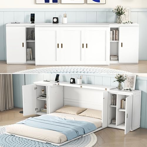 Queen Size Murphy Wall Bed With Storage and Bookcase Headboard, Solid Wood Cabinet With Shelves and USB Ports