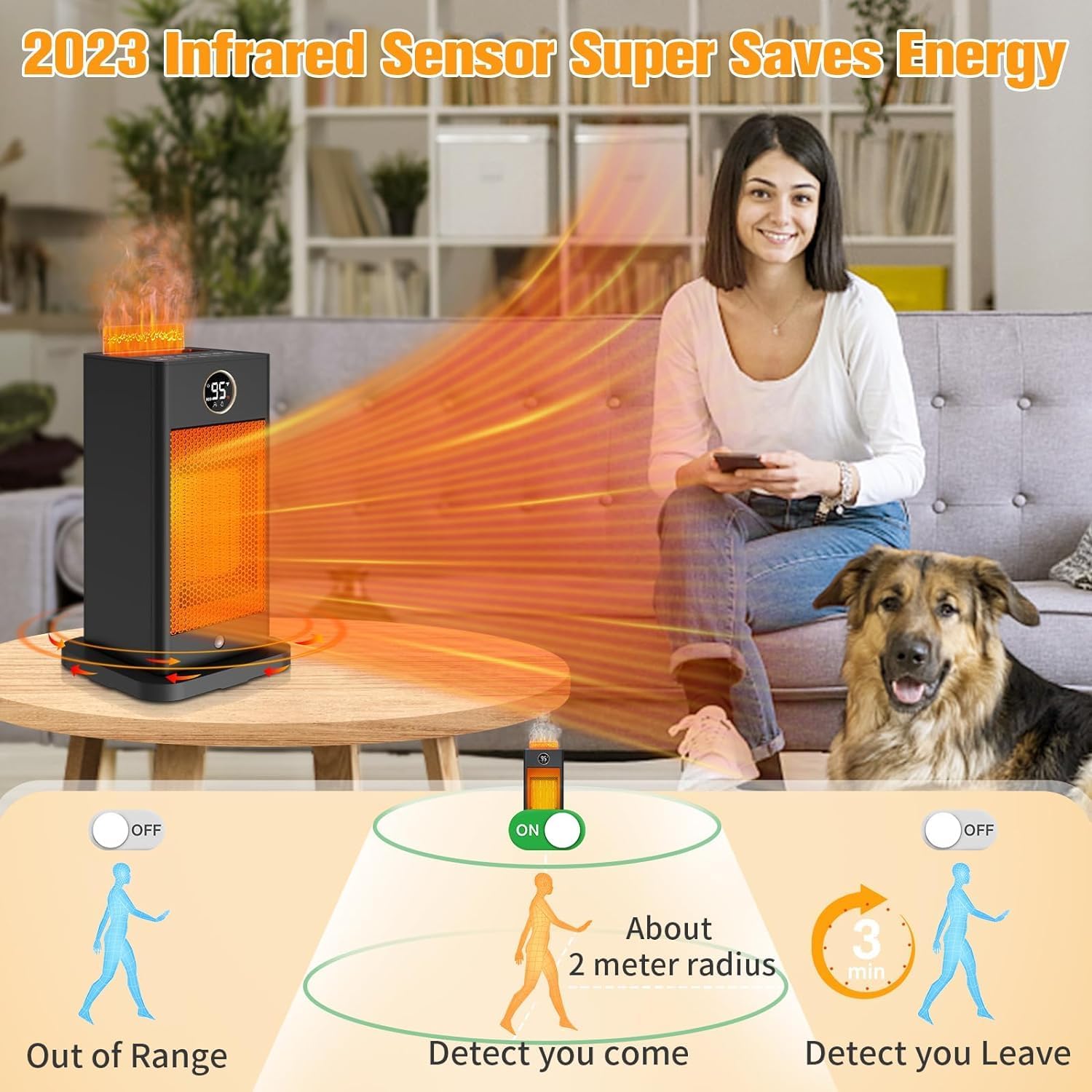 Space Heater,2023 Newest Upgraded Small Heaters for Indoor Use,PTC Portable Space Heater Office with Sensor,Humidifier,3D Flame Effect
