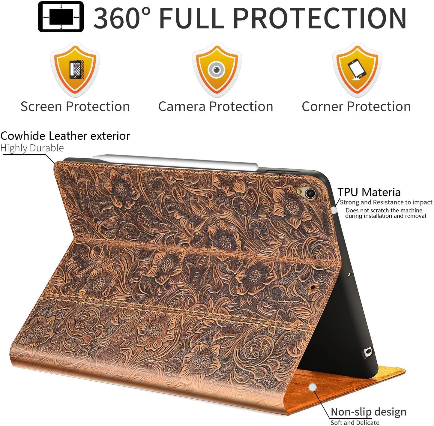 Gexmil for New iPad Pro 11 Case 2nd Generation 2020&2018, Made from Real Leather Cover Cowhide,Pattern-Brown