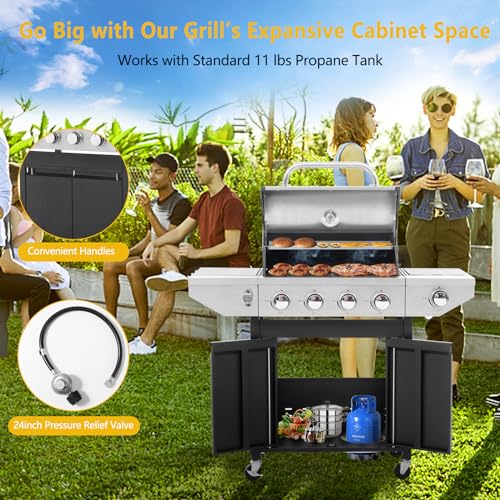 Large Propane Gas Grill with 4-Burners and Side Burner,Outdoor BBQ Grill Griddle with Porcelain-Enameled Cast Iron Grates