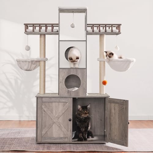 Heybly Cat Tree with Litter Box Enclosure for Indoor Big Cat, Cat Tower for Large Cats 20 lbs Heavy Duty