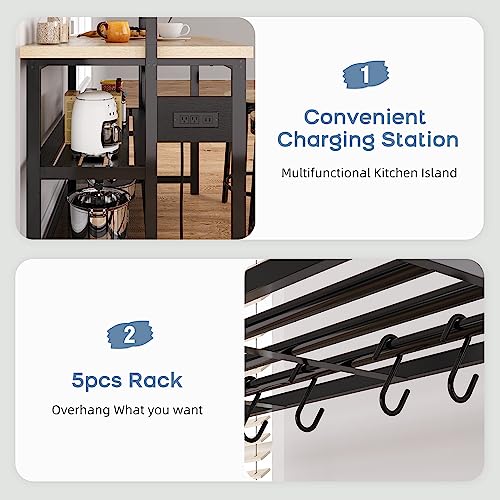 Kitchen Island with Storage, Bakers Rack with Power Outlet, Island Table for Kitchen,3 Tier Microwave Stand Oven Shelf,Large Coffee Bar Table