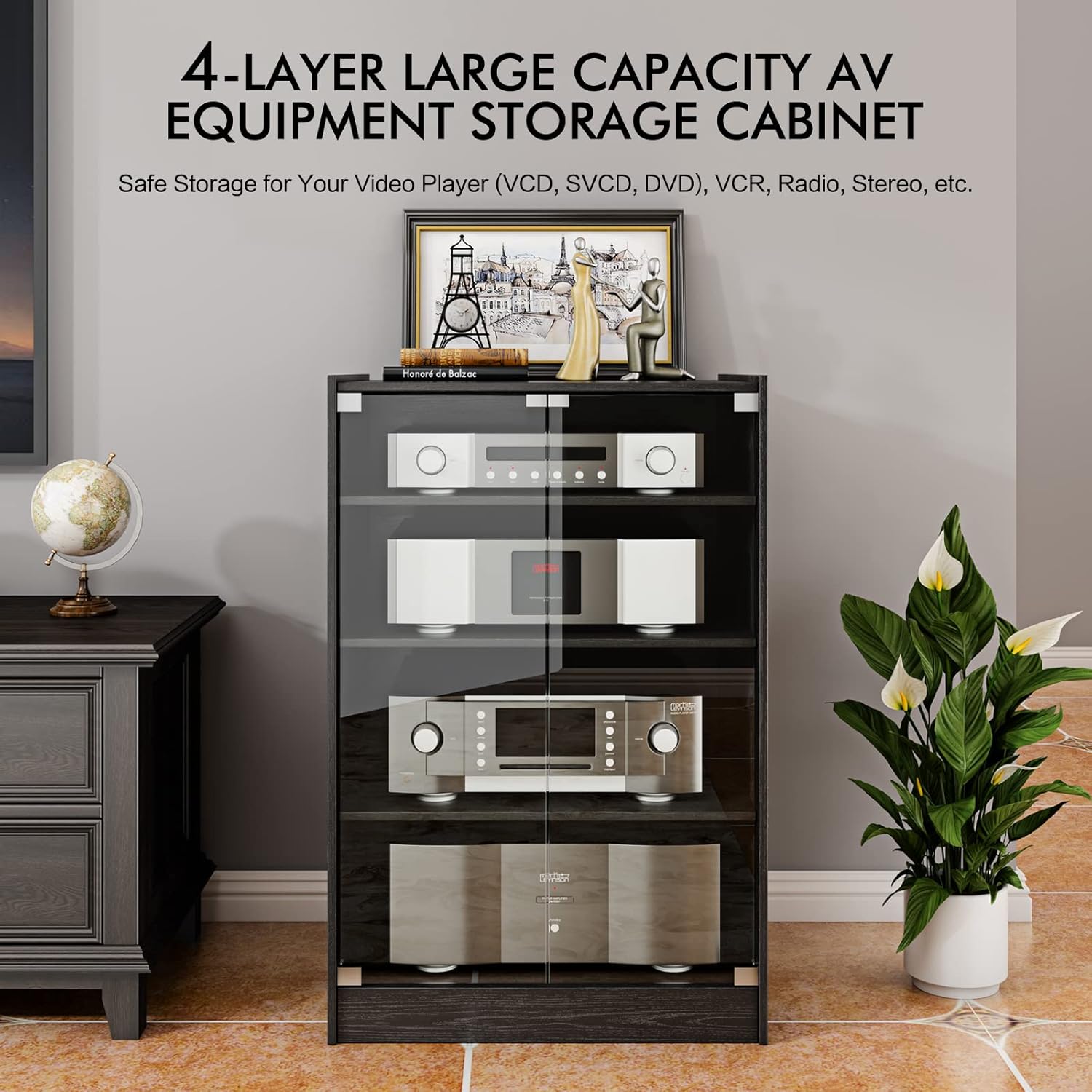Media Storage Cabinet with Height Adjustable, 4-Tier Shelves Audio Video Media Stand Cabinet, Modern AV Cabinet with Glass Doors