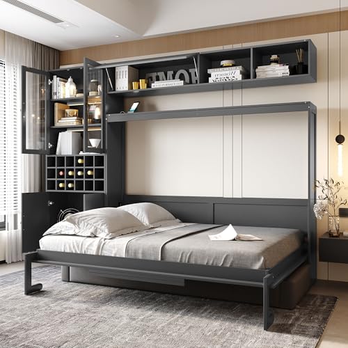 MERITLINE Queen Murphy Bed with Couch and Storage Shelves,Charging Station& LED Light